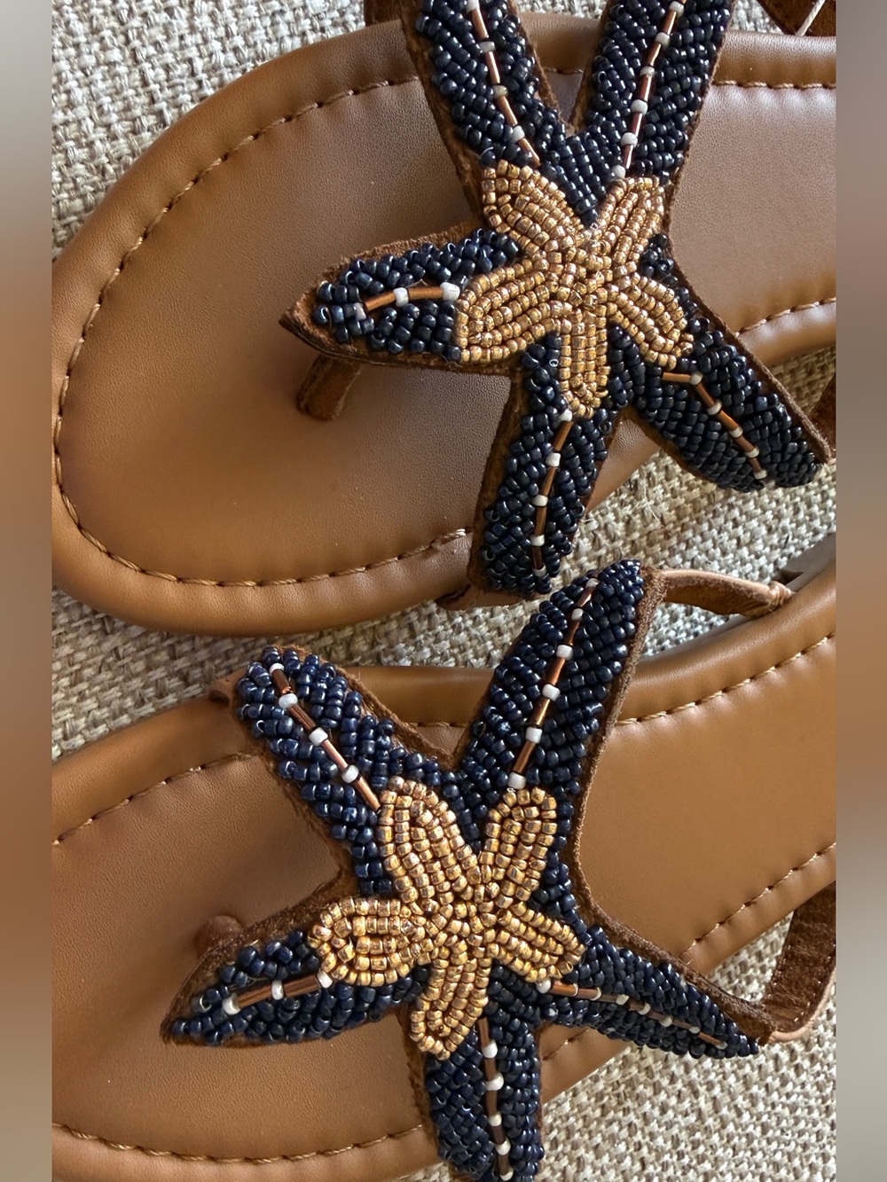 Caroline Constas Navy & Tan Starfish Beaded Flip Flop Beach Sandals - Picture 2 of 16